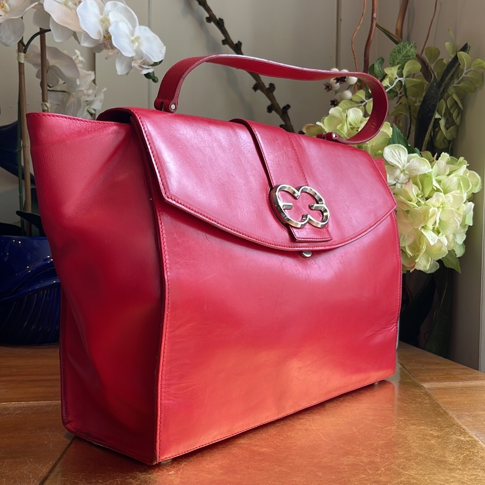 Escada Large Red Leather Top Handle Tote Bag